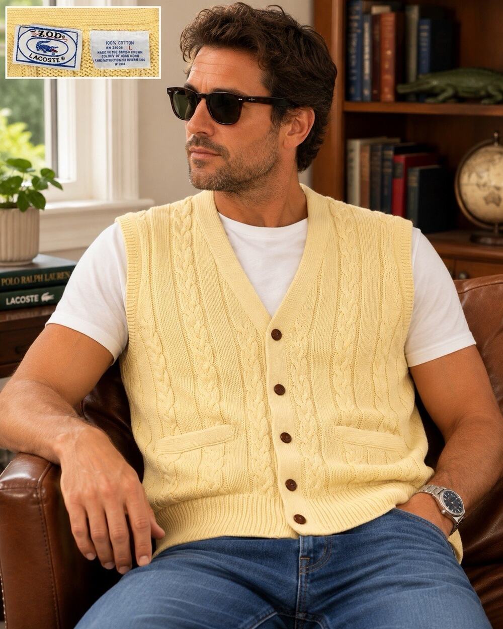 Vintage 80s Izod Lacoste Cable Knit Sweater Vest Mens L Yellow Button Down